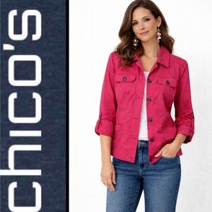 Chicos Twill Utility Jacket size 2 Button Front Hot Pink Casual Spring Gorpcore